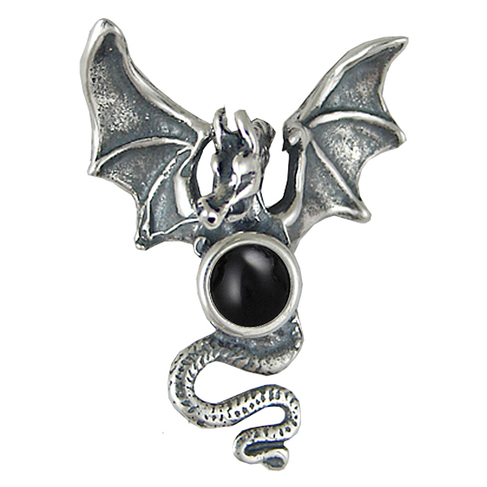 Sterling Silver Dragon of Protection Pendant With Black Onyx